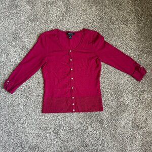 White House Black Market Cherry Red Crewneck /4 Sleeve Fitted Cardigan, Size S